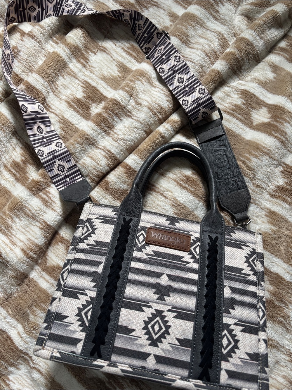 Wrangler Black, White & Tan Southwestern Canvas Tote with Patterned Strap